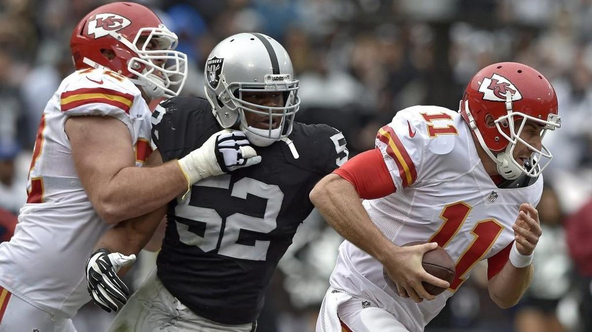 Raiders defensive end Khalil Mack sacked Chiefs quarterback Alex Smith twice when the teams met Dec. 6.