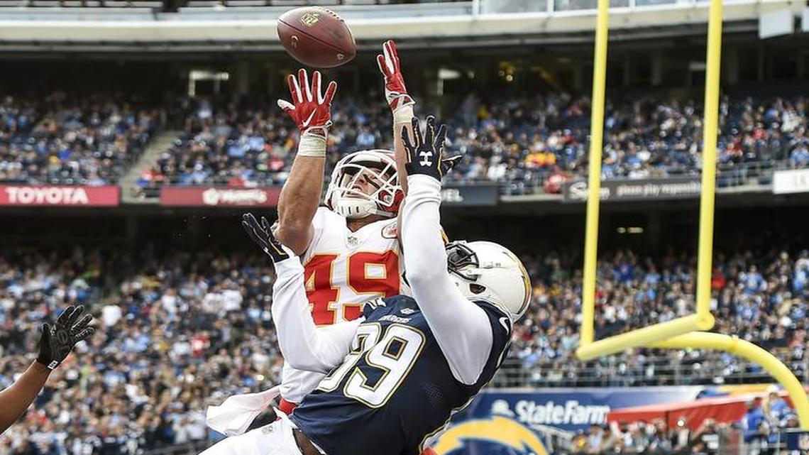The Chiefs’ Daniel Sorensen (49) intercepted a pass intended for San Diego Chargers wide receiver Isaiah Burse (89) in the regular-season finale.