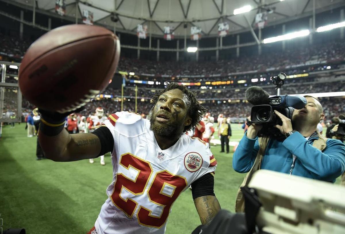 Kansas City Chiefs safety Eric Berry (29) gave a football to his family after his two-point conversion return gave the Chiefs a 29-28 victory over the Atlanta Falcons on December 4, 2016 at the Georgia Dome in Atlanta.