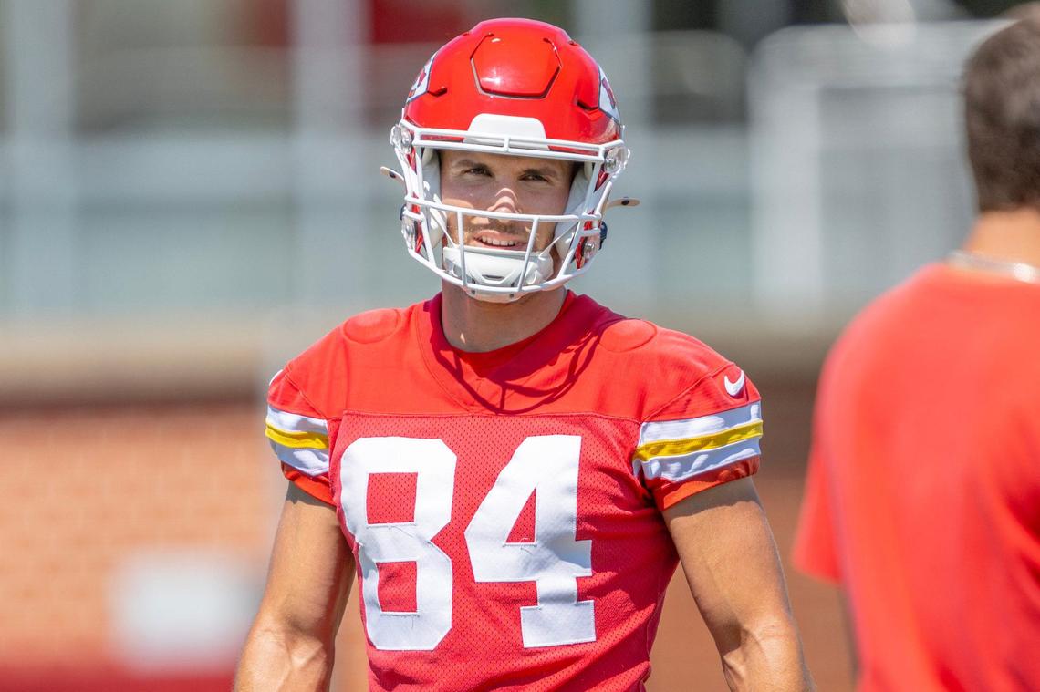Kansas City Chiefs wide receiver Justin Watson (84) attends the second day of mini-camp practice at the Chiefs training complex on Wednesday, June 12, 2024, in Kansas City.