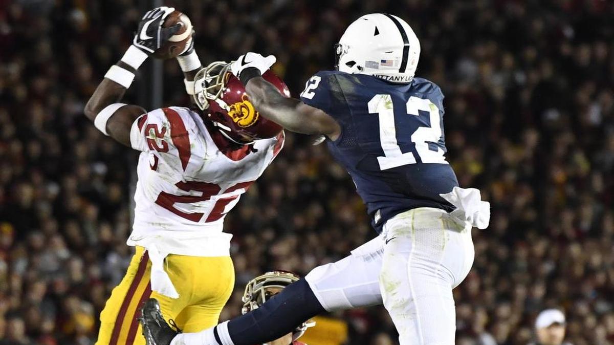 Southern California’s Leon McQuay III intercepted a pass in front of Penn State receiver Chris Godwin late in the fourth quarter of the Rose Bowl.
