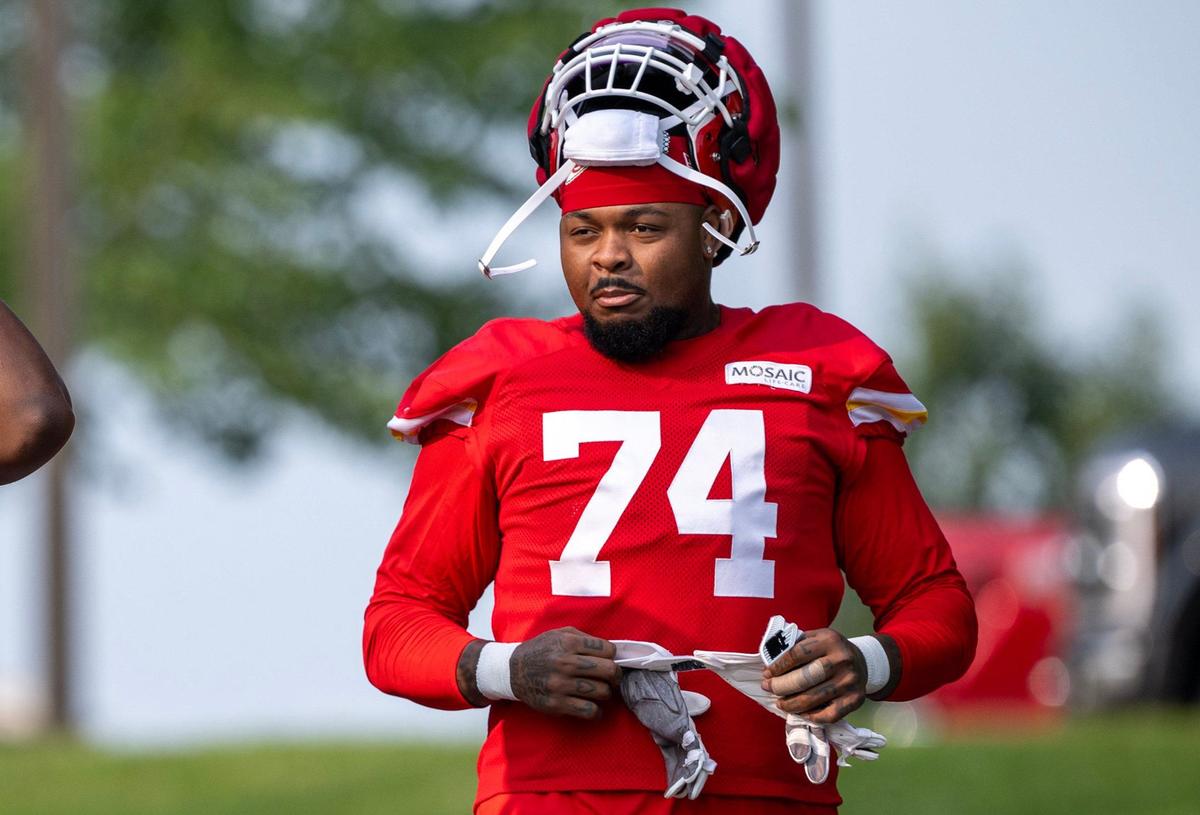 Chiefs tackle Jawaan Taylor heads to the field for training camp at Missouri Western State University on Tuesday, July 23, 2024, in St. Joseph.