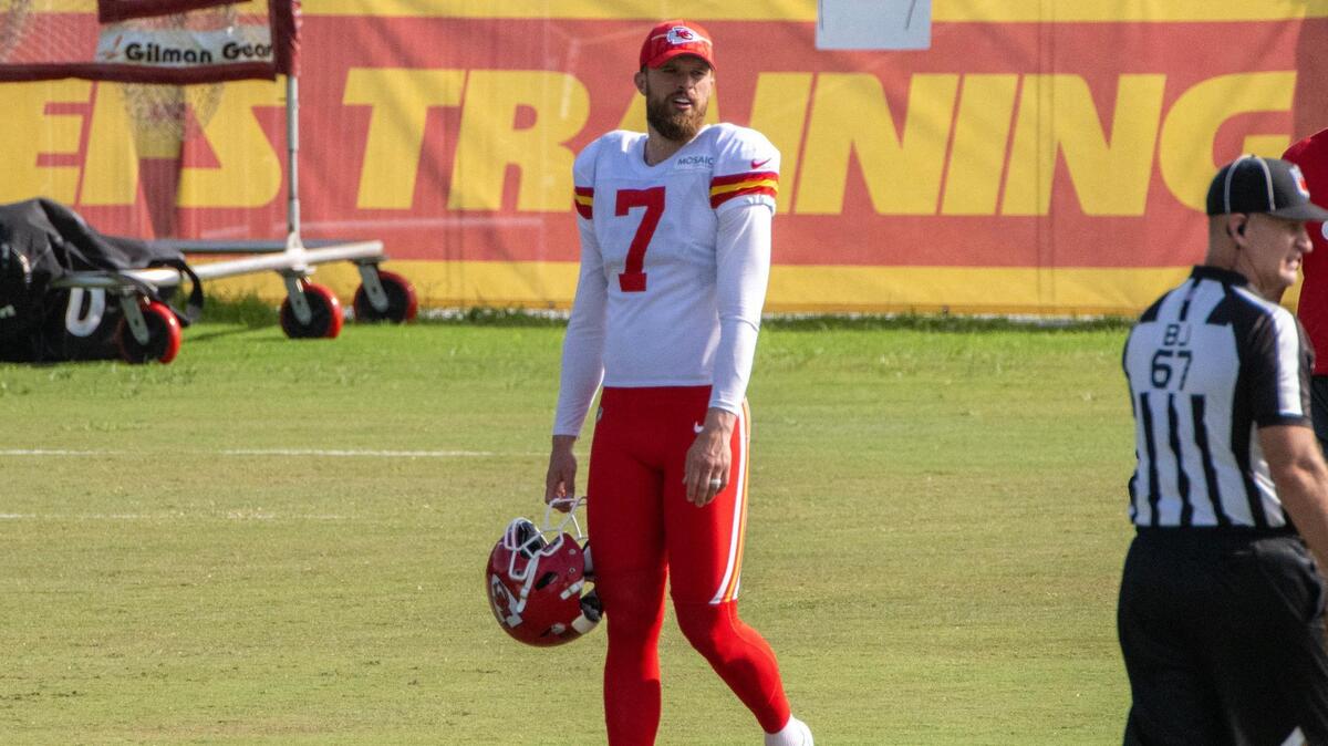 Kansas City Chiefs kicker Harrison Butker (7) walks to the practice field at Chiefs training camp on Saturday, July 29, 2023, in St. Joseph, Mo.