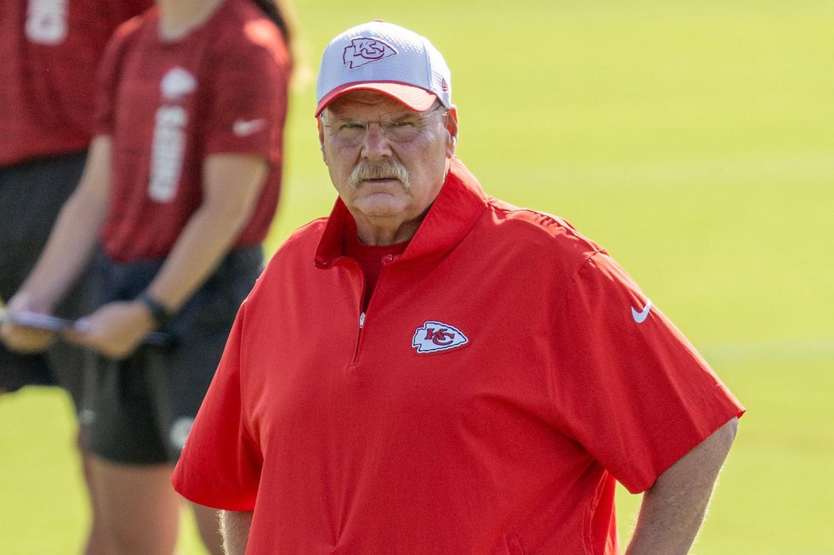Kansas City Chiefs head coach Andy Reid observes players during practice at Chiefs training camp on Thursday, July 18, 2024, in St. Joseph.