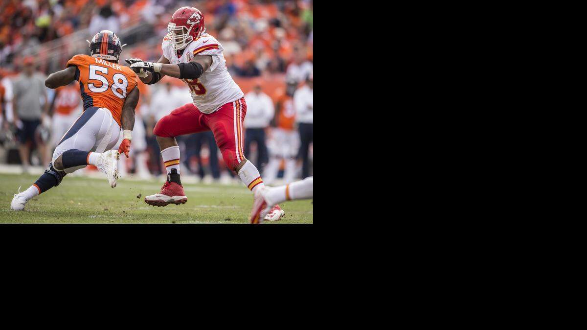
Kansas City Chiefs offensive tackle Ryan Harris (68) couldn't stop Denver Broncos outside linebacker Von Miller (58) from getting a third quarter sack on his play in NFL action on September 14, 2014 at Sports Authority Field at Mile High in Denver, Co. The Chiefs lost 24-17.
