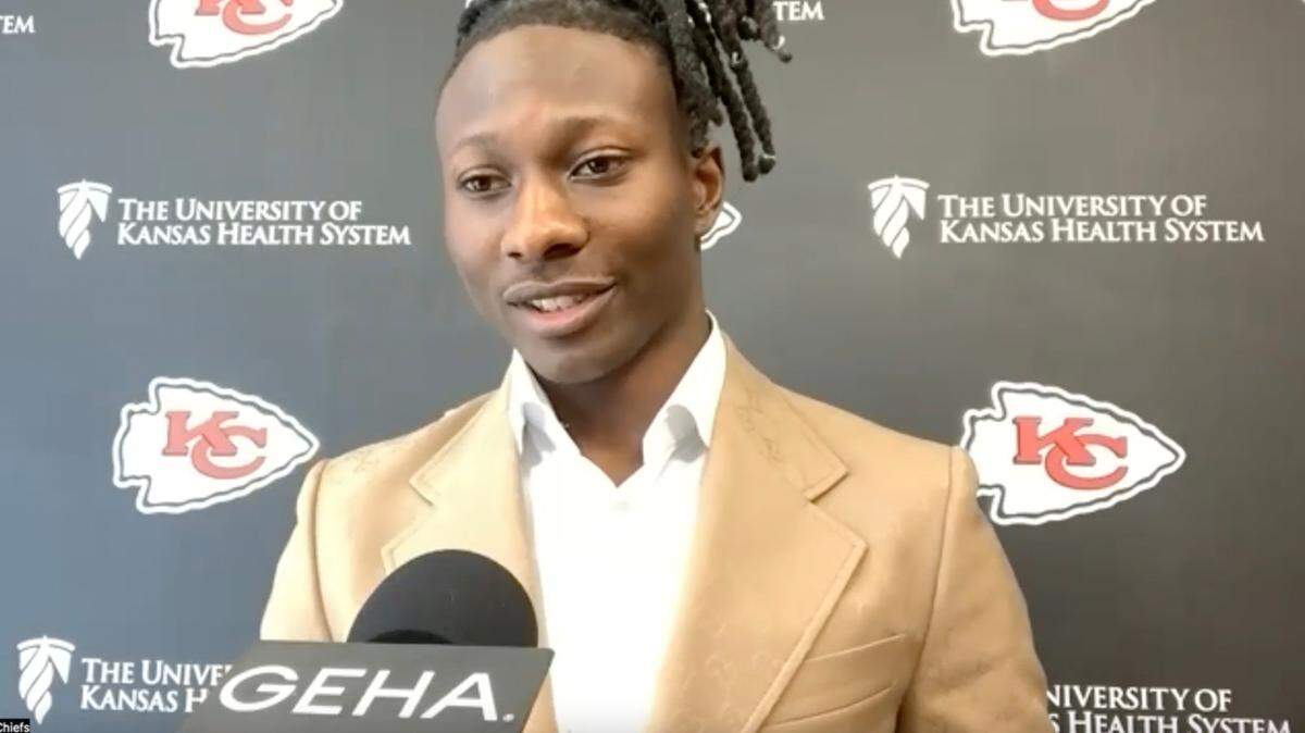 Kansas City Chiefs receiver Hollywood Brown speaks to reporters after signing with the team on Monday, March 18, 2024.