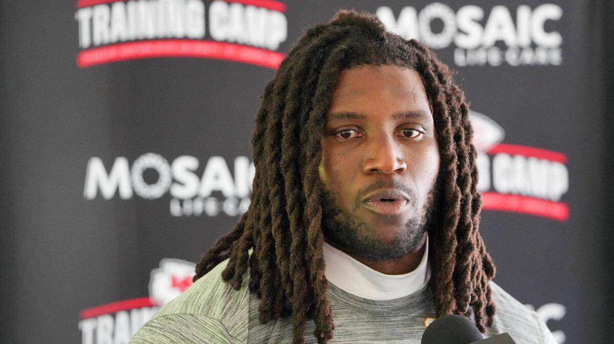 Kansas City Chiefs linebacker Nick Bolton (32) talks with media after training camp on July 22, 2024, at Missouri Western State University in St. Joseph, Missouri.