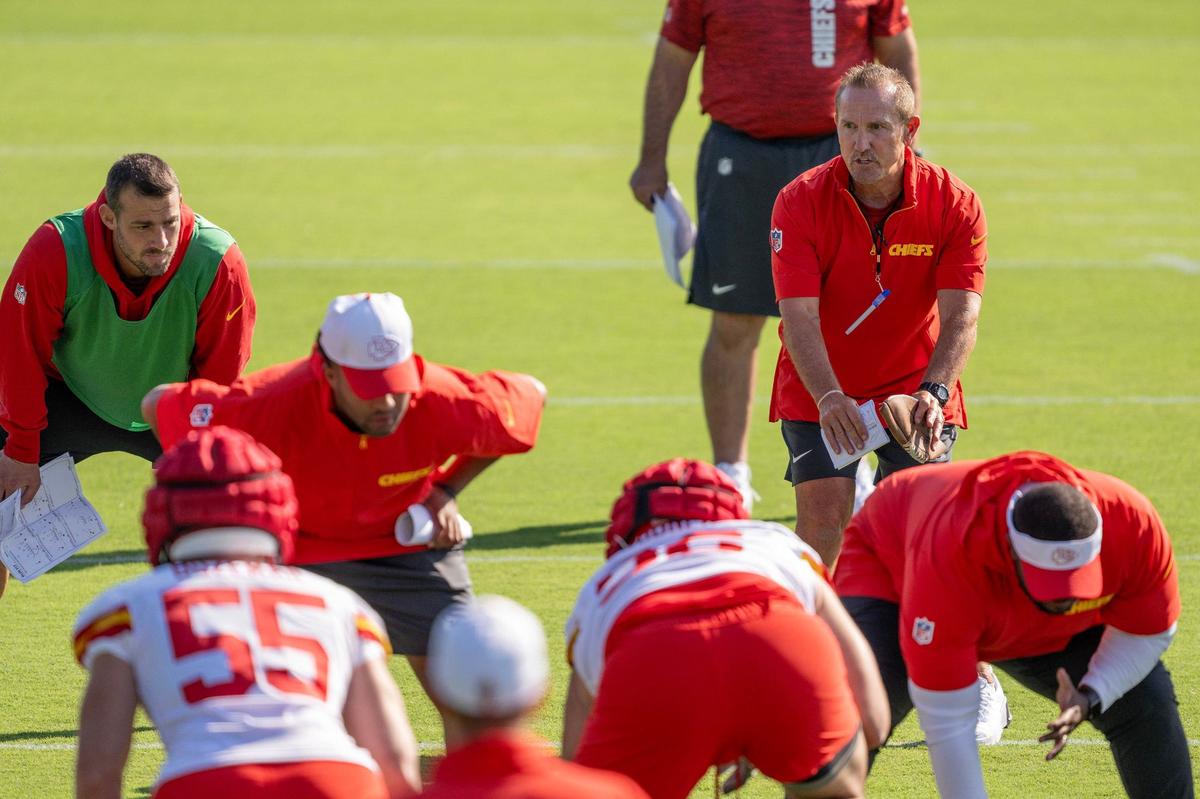 Kansas City Chiefs defensive coordinator Steve Spagnuolo guides players through a warmup drill during practice at Chiefs training camp on Thursday, July 18, 2024, in St. Joseph.