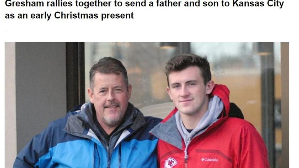 Lifelong Chiefs fan and cancer fighter K.C. Biesterfeld, right, recently got to see his first Chiefs game thanks in part to his son, Jake, right.
