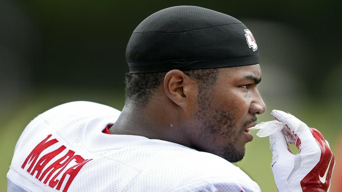 
Linebacker Justin March took a breather during Chiefs practice on Saturday in St. Joseph.
