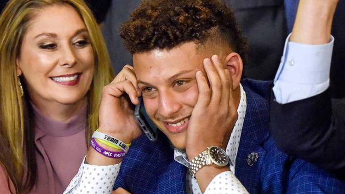 Randi Martin, Patrick Mahomes and Leigh Steinberg reacted while Mahomes was on a call with the Kansas City Chiefs during his draft watch party Thursday in Tyler, Texas. Texas Tech quarterback Mahomes was the 10th overall pick by the Chiefs, after a trade with the Buffalo Bills.