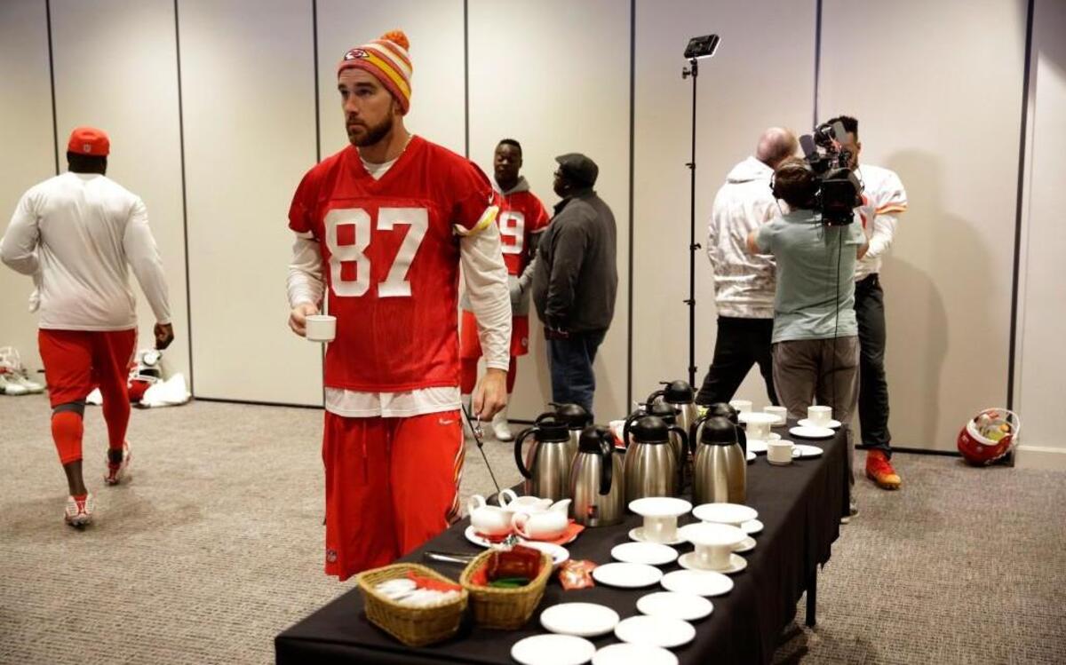 Chiefs tight end Travis Kelce and his teammates met with reporters after their practice session at the Allianz Park rugby stadium in London.