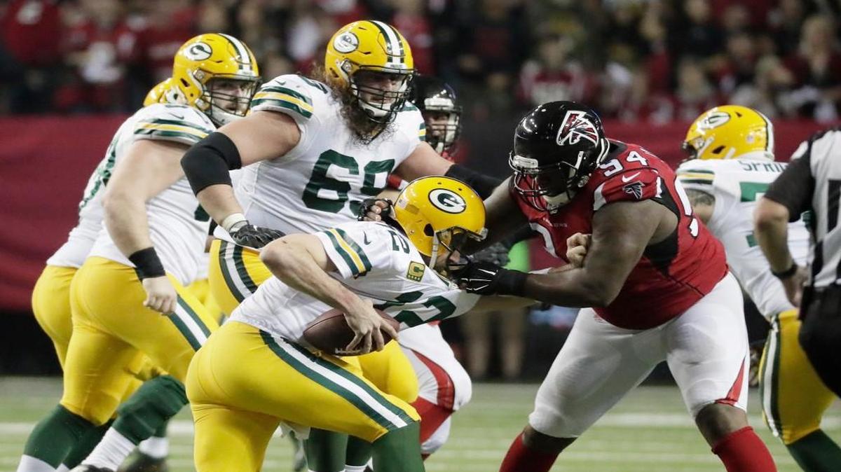 Falcons defensive lineman Tyson Jackson sacked Packers quarterback Aaron Rodgers during the NFC championship game on Jan. 22.