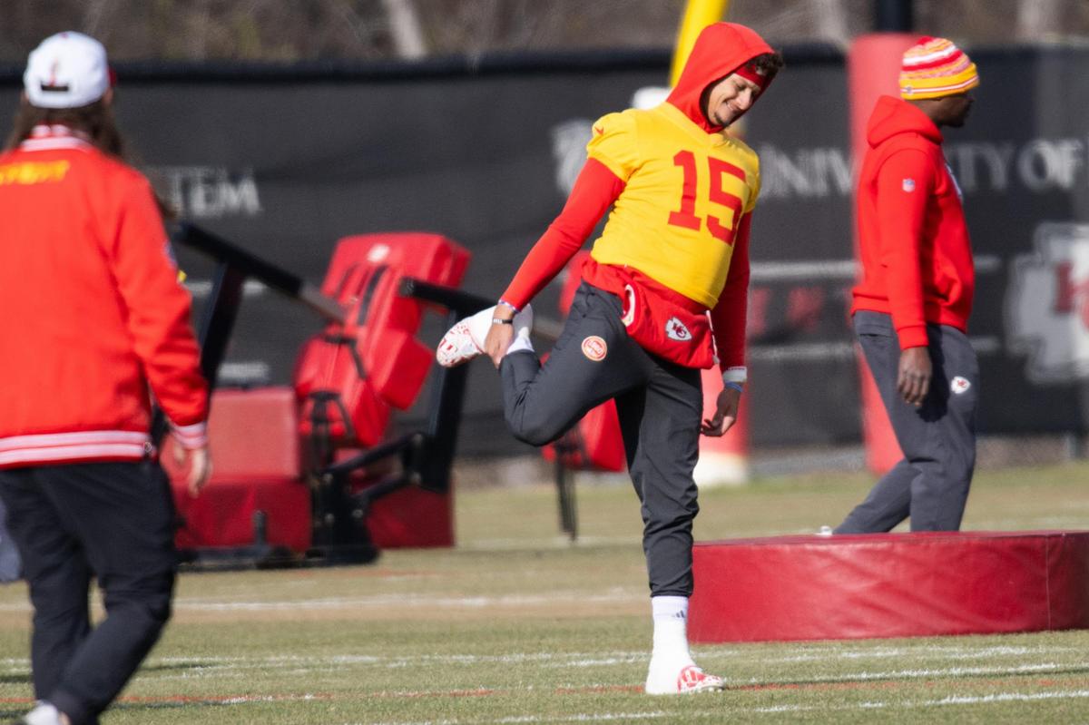 Kansas City Chiefs quarterback Patrick Mahomes stretches at Chiefs practice on Wednesday, Dec. 18, 2024.