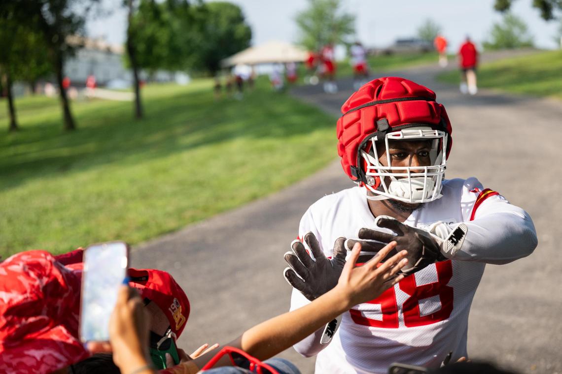 Kansas City Chiefs defensive tackle Tershawn Wharton (98) gives fans some love during training camp on Monday, July 22, 2024, in St. Joseph.