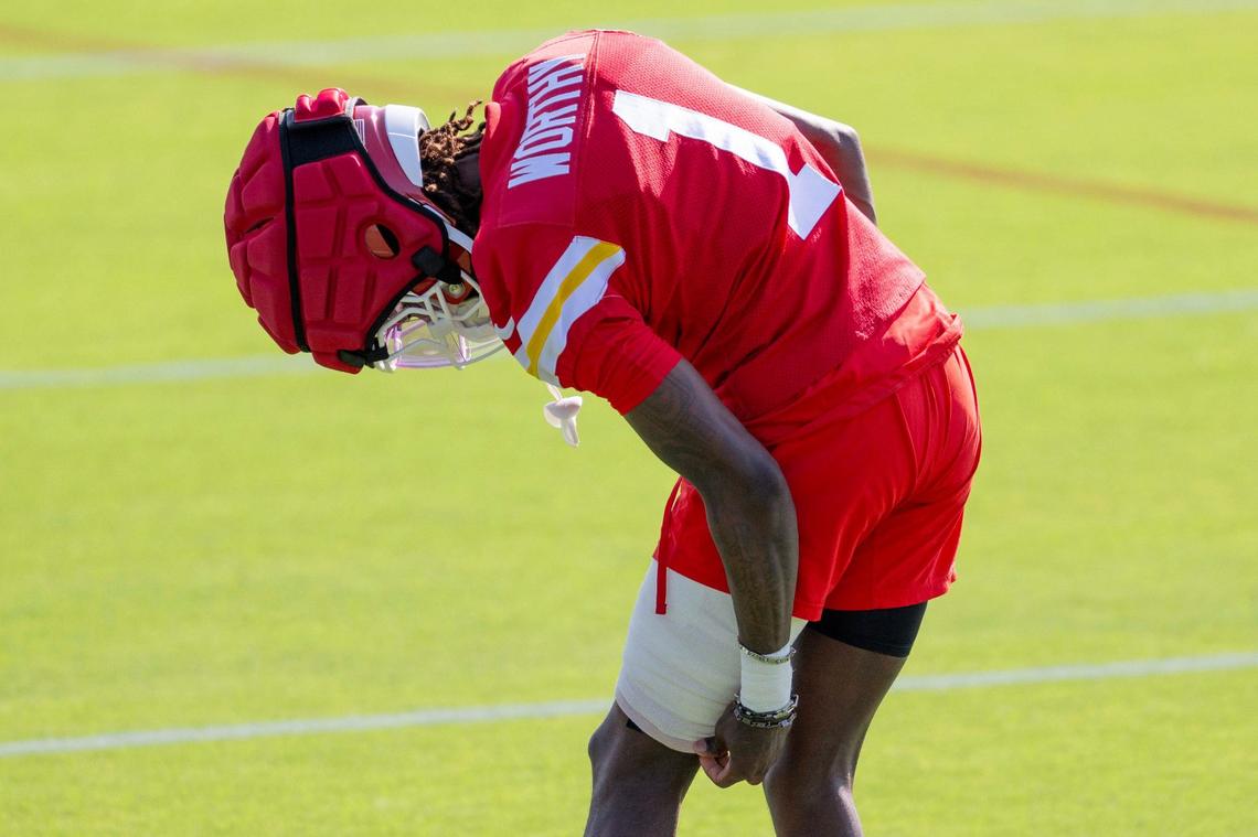 Kansas City Chiefs wide receiver Xavier Worthy (1) adjusts his bandaged thigh during practice at Chiefs training camp on Wednesday, July 17, 2024, in St. Joseph.