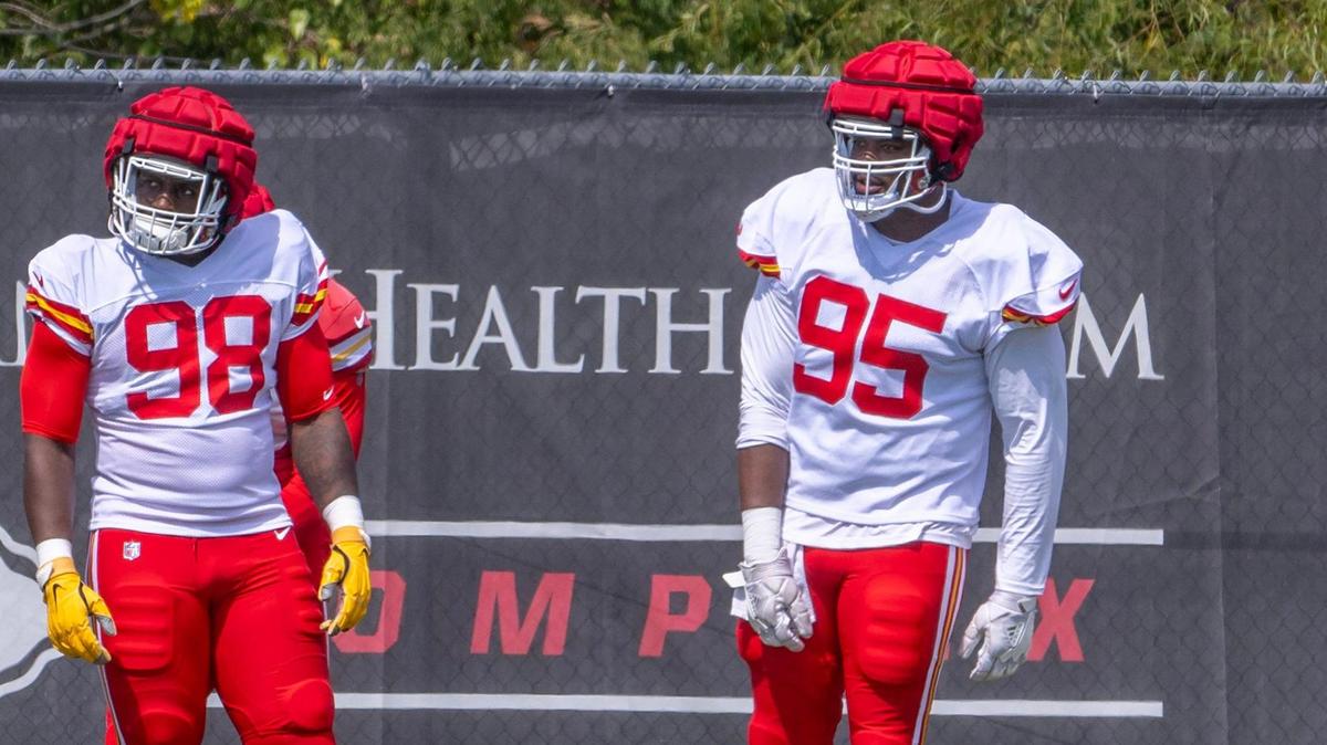 Kansas City Chiefs defensive tackle Chris Jones (95) warms up with teammates during his first practice since his holdout ended at the Chiefs training facility on Wednesday, Sept. 13, 2023, in Kansas City.