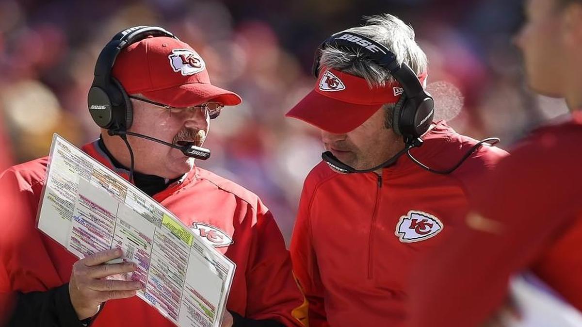 Kansas City Chiefs head coach Andy Reid spoke with offensive coordinator Doug Pederson during a game against the Steelers in October.