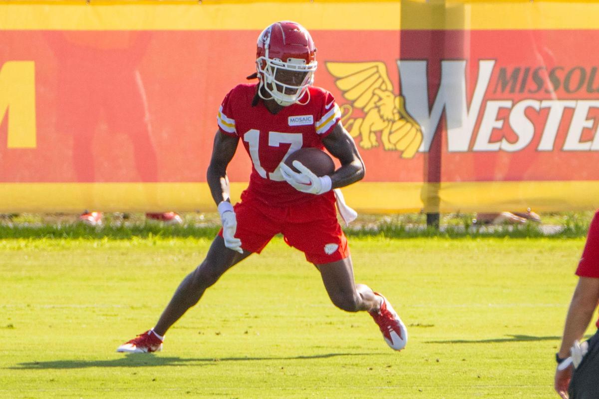 Kansas City Chiefs wide receiver Richie James (17) catches a pass during practice at Chiefs training camp on Wednesday, July 26, 2023, in St. Joseph, Mo.