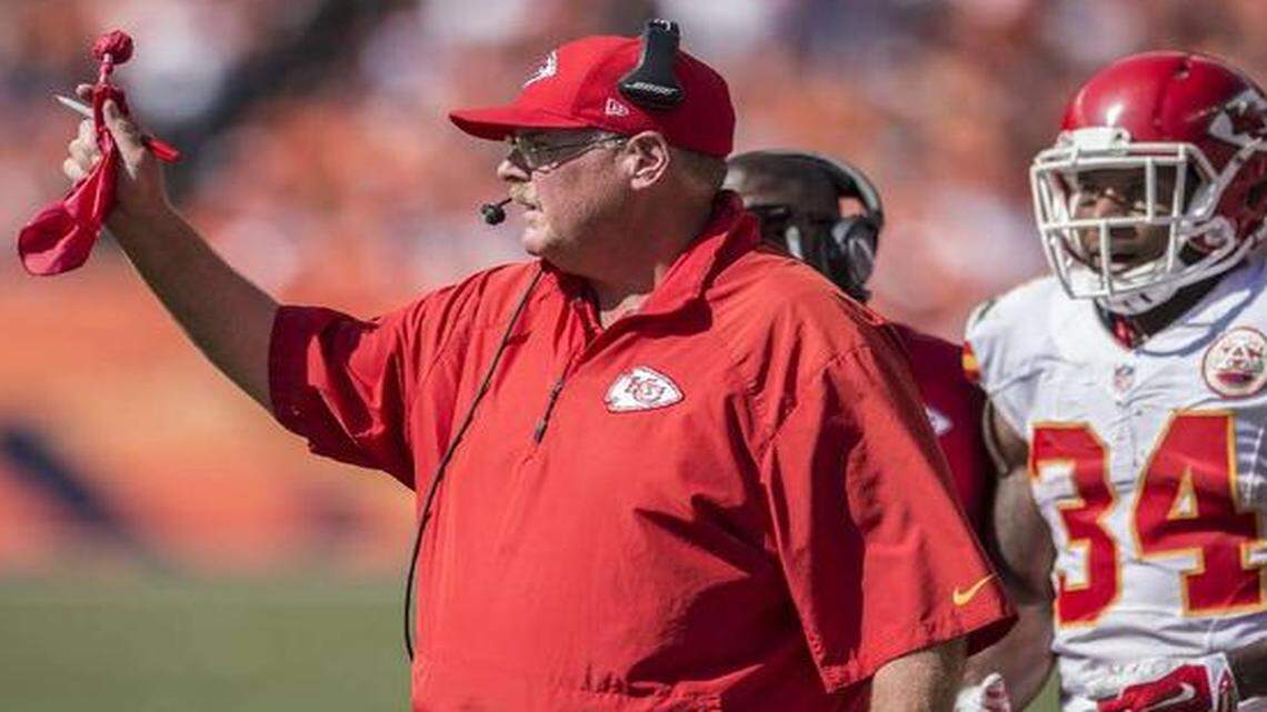 
Chiefs head coach Andy Reid had the red flag ready and challenged the ruling of an incomplete pass to Knile Davis (right) in a Sept. 14 game against the Broncos. The call was reversed and Davis was credited with a 6-yard reception and first down to the Denver 3.
