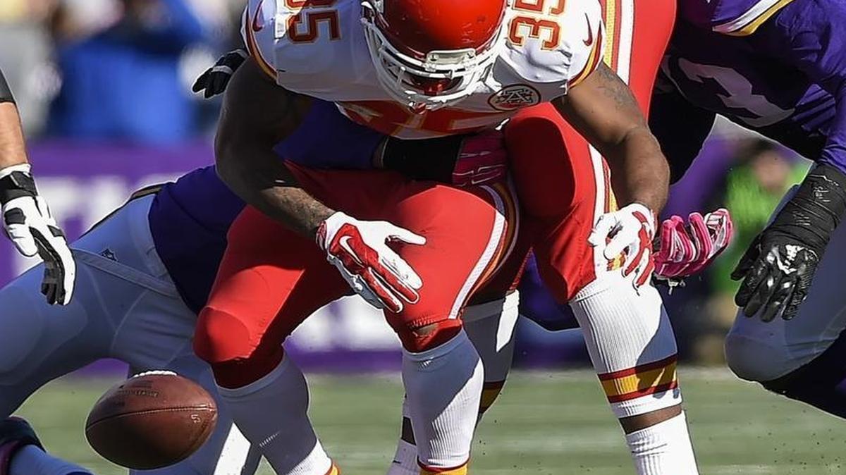 
Kansas City Chiefs running back Charcandrick West fumbled after being hit by teammate Donald Stephenson with 4:38 left in Sunday’s game.

