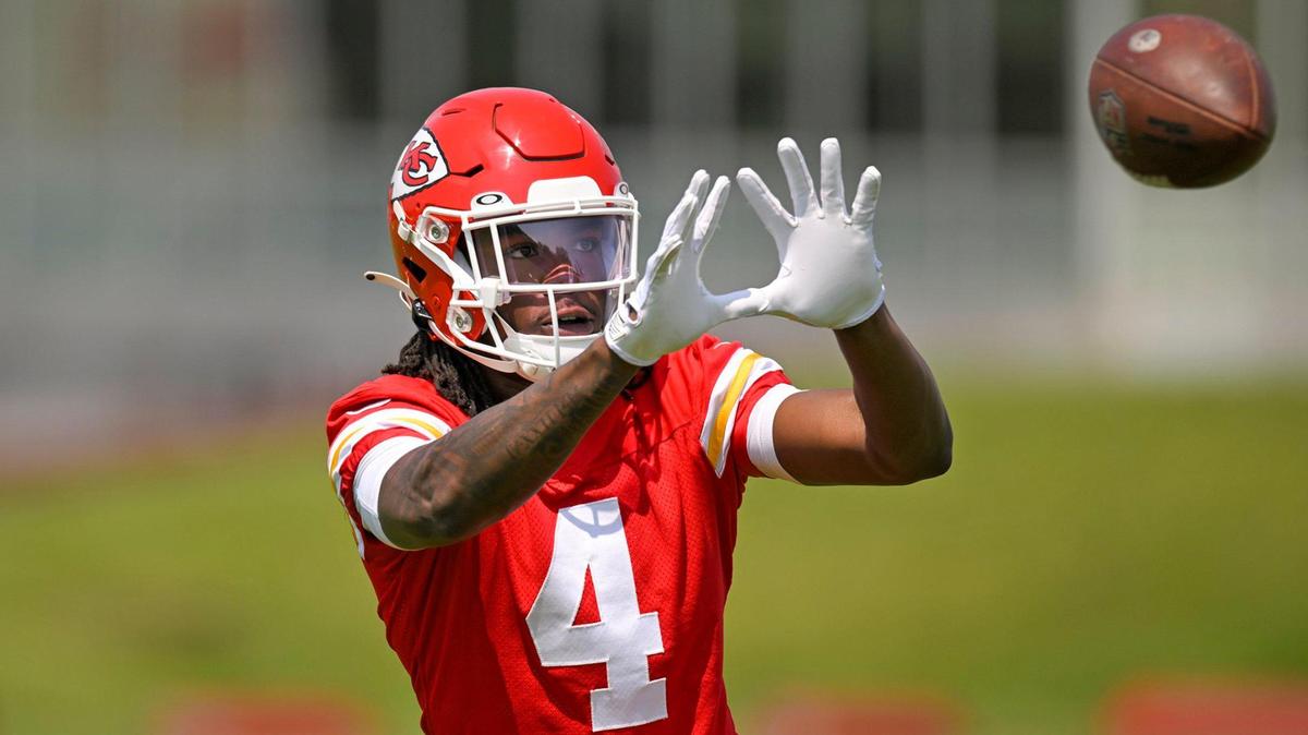 Kansas City Chiefs wide receiver Rashee Rice (4) catches a pass during OTAs on Wednesday, May 24, 2023, at the Chiefs Training facility in Kansas City.