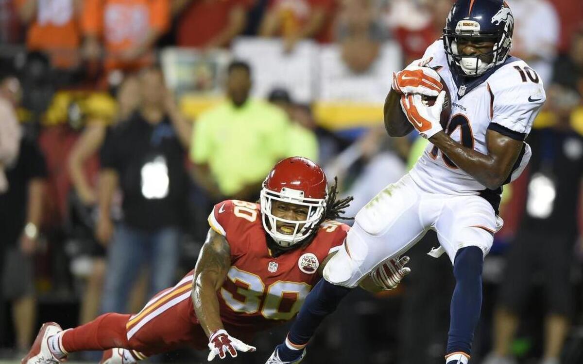 Chiefs cornerback Jamell Fleming (left) missed the ankle tackle on Denver wide receiver Emmanuel Sanders as he scored the game-tying touchdown in the Broncos’ 31-24 win in Week 2 at Arrowhead.
