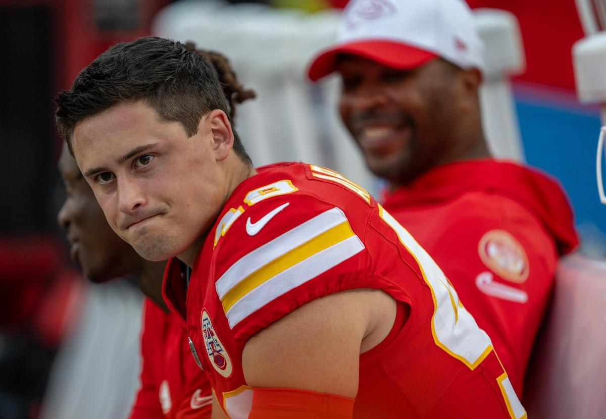 Kansas City Chiefs punter Matt Araiza (49) watches the warm up before the game against the Chicago Bears on Thursday, August 22, 2024, at GEHA Field at Arrowhead Stadium.