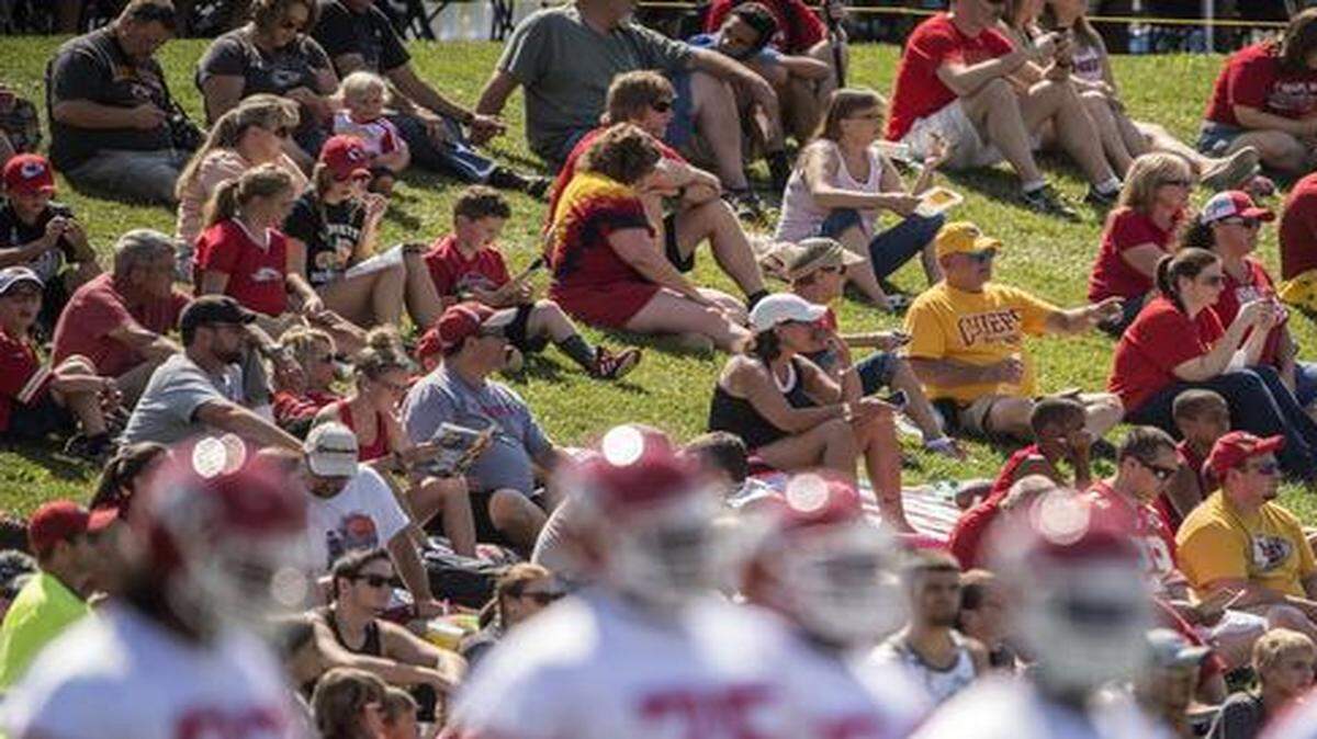 
Chiefs fans sat on a hillside while watching practice Thursday afternoon during the NFL football team’s summer training camp practice at Missouri Western State University in St. Joseph.
