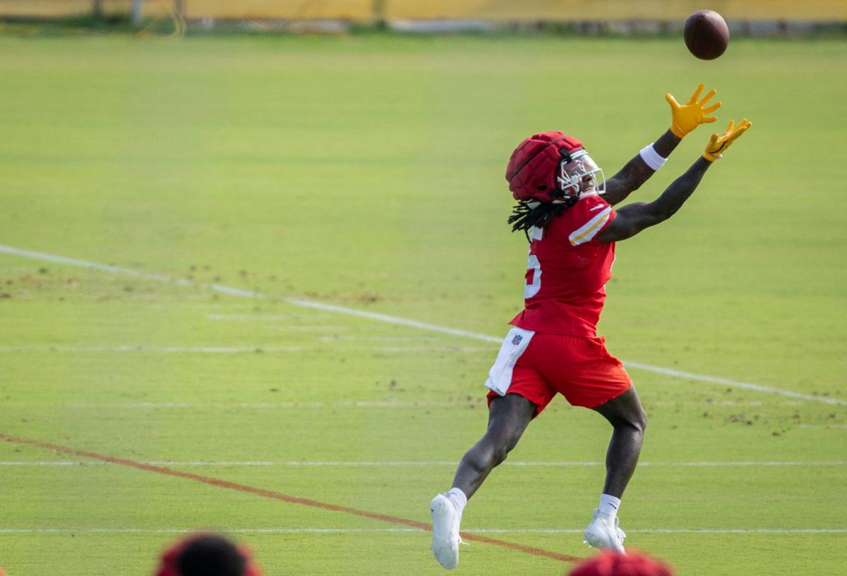 Chiefs wide receiver Hollywood Brown (5) grabs a pass during training camp at Missouri Western State University on Tuesday, July 23, 2024, in St. Joseph.