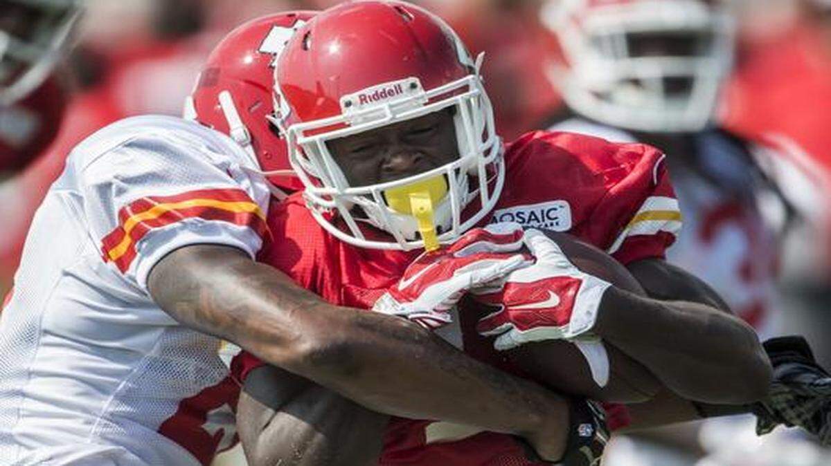 
The Chiefs’s De'Anthony Thomas was tackled by cornerback Sean Smith on Friday morning during summer training camp practice at Missouri Western State University in St. Joseph.
