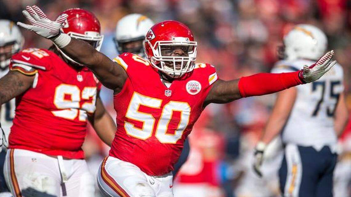 
Chiefs outside linebacker Justin Houston (50) celebrated his second quarter sack of Chargers quarterback Philip Rivers during Sunday’s game at Arrowhead Stadium. Houston set the Chiefs' season sack record with 22 sacks. The Chiefs won 19-7.
