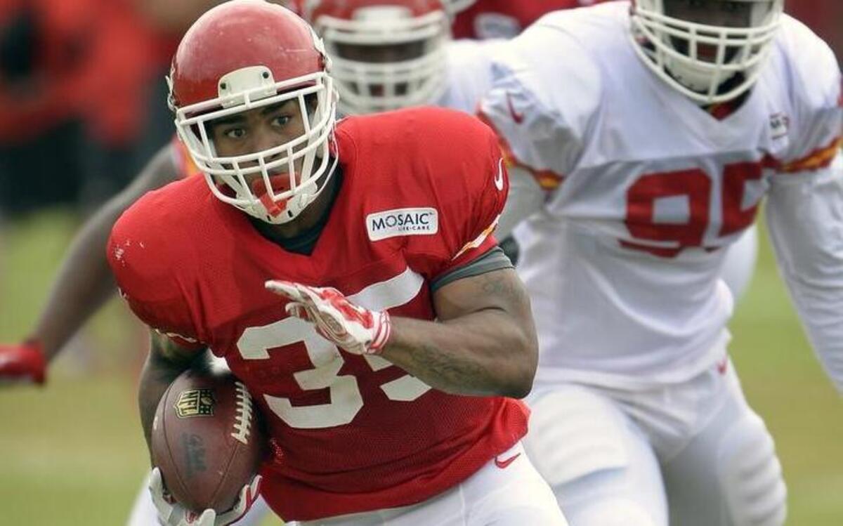 
Running back Charcandrick West pulled away from the defense on Saturday at Chiefs training camp in St. Joseph.
