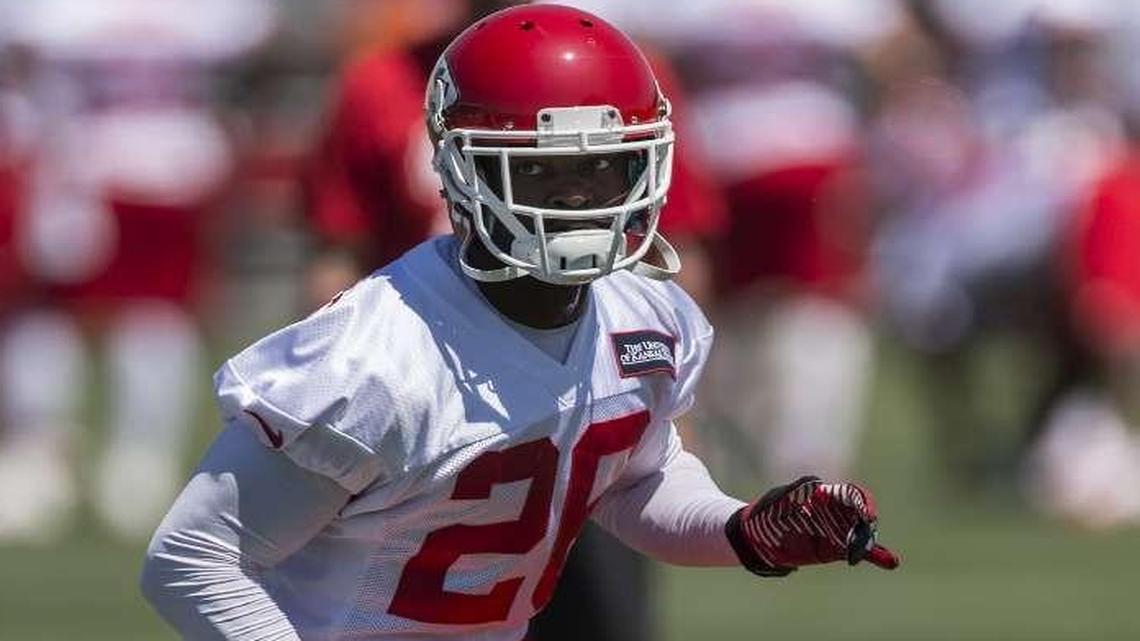 
Kansas City Chiefs safety Sanders Commings (26) worked on his technique at the beginning of organized team activities (OTA's) at the Arrowhead Stadium practice facility Tuesday morning.
