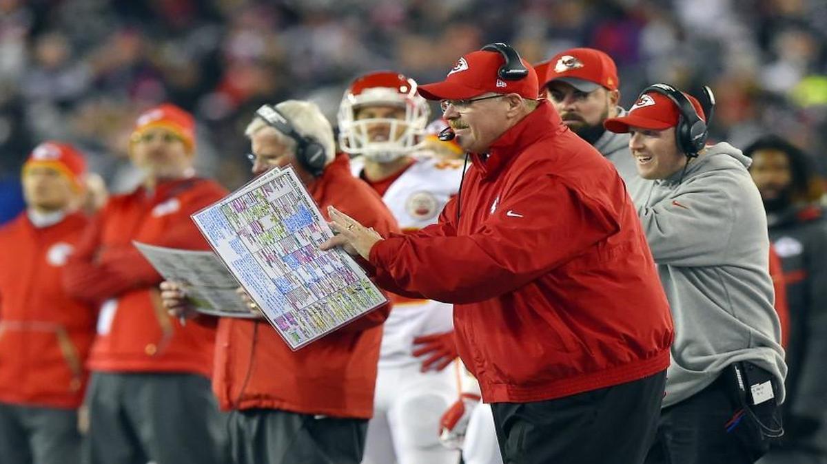 Chiefs head coach Andy Reid tried to fire up his team in the fourth quarter during Saturday’s AFC divisional playoff game at Gillette Stadium in Foxborough, Mass.