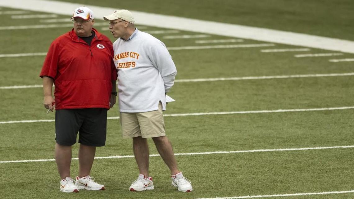 Discussing contract extensions for coach Andy Reid, left, and general manager John Dorsey, right, is a high offseason priority for Chiefs owner Clark Hunt.