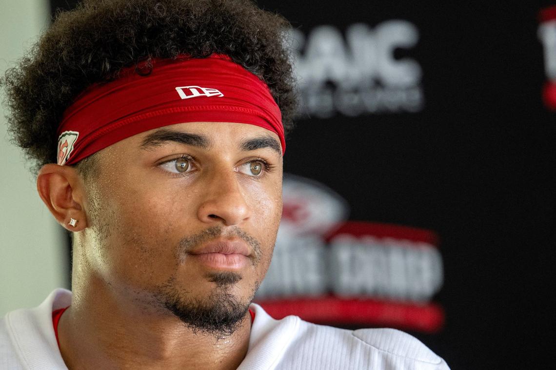 Kansas City Chiefs cornerback Trent McDuffie addresses questions from the media after practice at Chiefs training camp on Monday, July 29, 2024, in St. Joseph.