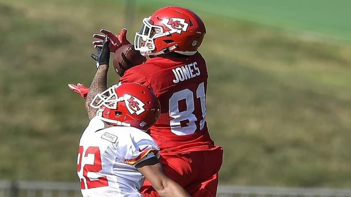 Chiefs wide receiver Seantavius Jones caught a long pass from Alex Smith over cornerback Marcus Peters during practice Saturday at the team’s training camp at Missouri Western State University in St. Joseph.