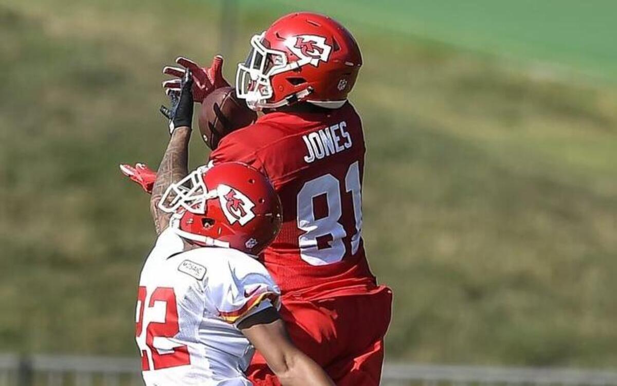 Chiefs wide receiver Seantavius Jones caught a long pass from Alex Smith over cornerback Marcus Peters during practice Saturday at the team’s training camp at Missouri Western State University in St. Joseph.