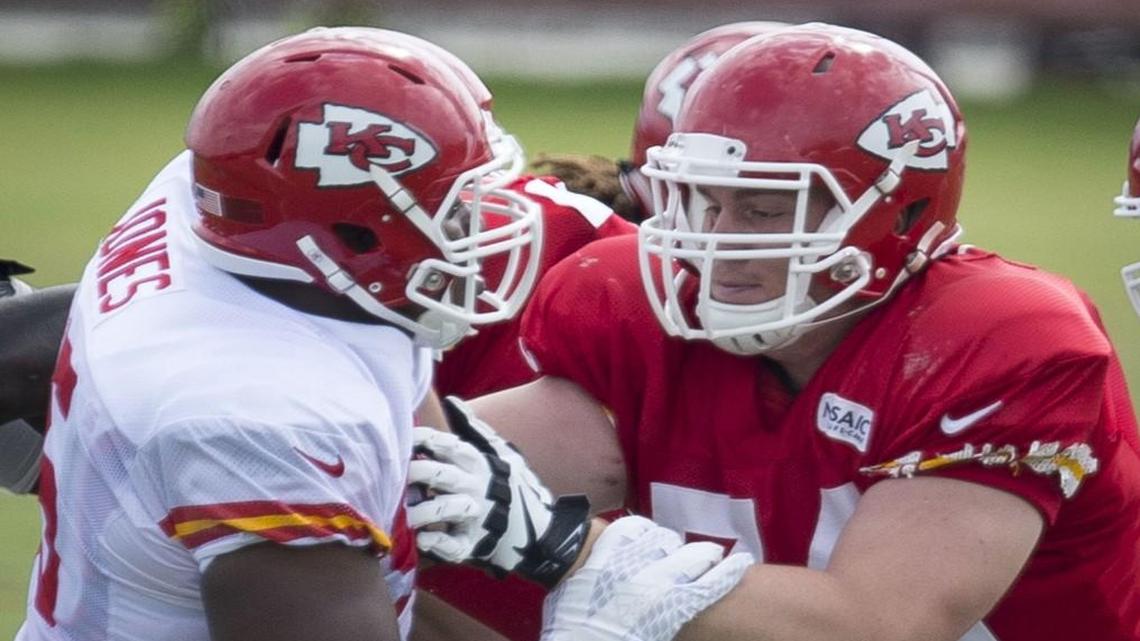 Kansas City Chiefs defensive tackle Chris Jones (left) tried to push past offensive tackle Zach Sterup during a training-camp practice earlier this month.