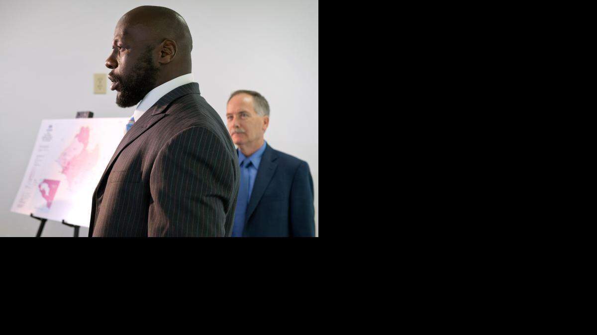 
Chiefs linebacker Tamba Hali, who is a native of Liberia, joined Heart to Heart International CEO Jim Mitchum (right) on Tuesday as the nonprofit health organization announced plans to open an Ebola treatment unit in Liberia. 
