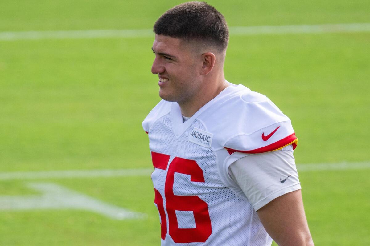 Kansas City Chiefs defensive end George Karlaftis (56) joins the warmup line on the first day of Chiefs Training Camp on Tuesday, July 22, 2025 in St. Joseph.