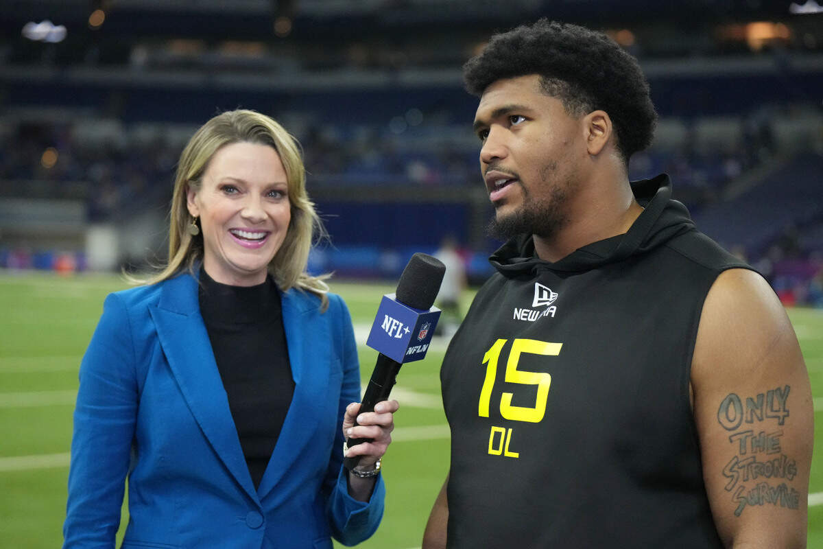 NFL Network reporter Stacey Dales interviews Oregon defensive lineman Derrick Harmon (DL15) during the 2025 NFL Combine on Feb. 27, 2025 at Lucas Oil Stadium in Indianapolis.