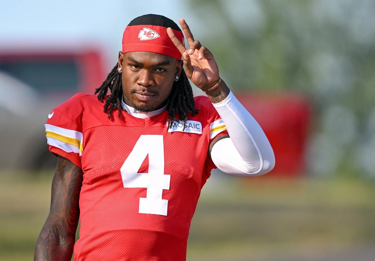 Chiefs wide receiver Rashee Rice acknowledges the fans at training camp at Missouri Western State University on Monday, Aug. 5, 2024, in St. Joseph.