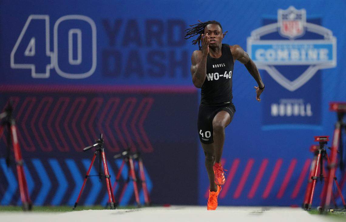 Texas wide receiver Xavier Worthy (WO40) ran an official time of 4.21 seconds to set a combine record during the 2024 NFL Combine at Lucas Oil Stadium on March 2, 2024, in Indianapolis.
