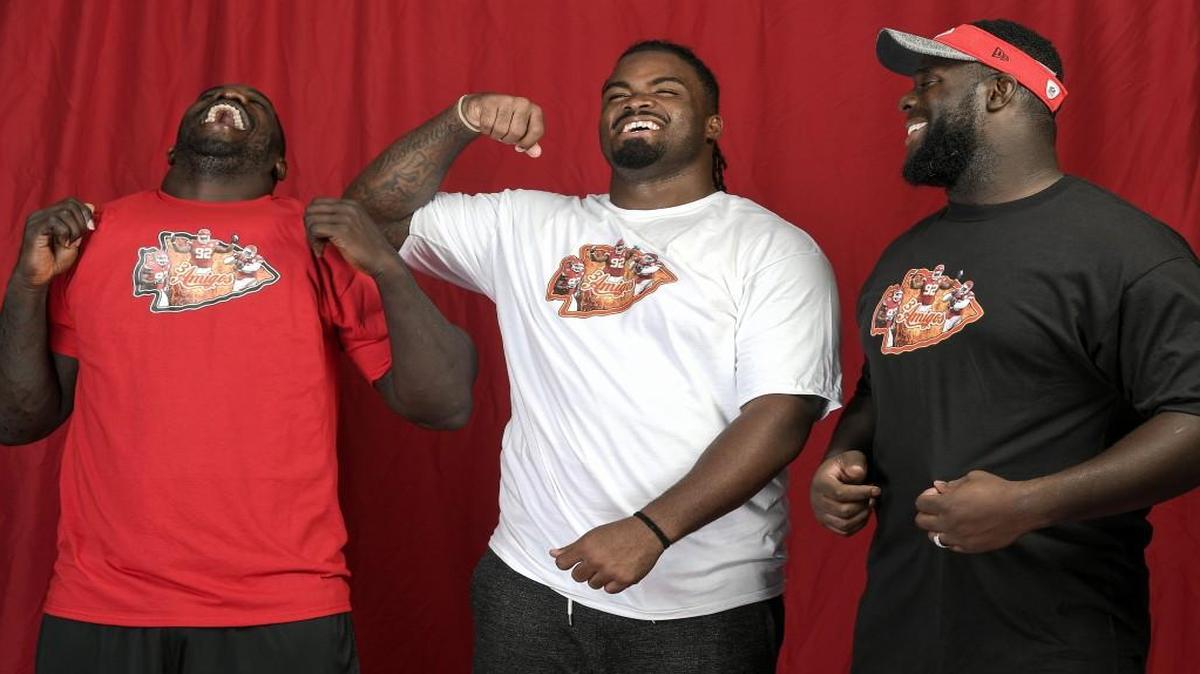 Kansas City Chiefs defensive linemen (from left) Allen Bailey, Dontari Poe and Jaye Howard anchor the team’s defense as well as being friends. The trio have dubbed themselves “3 Amigos,” complete with new T-shirts.