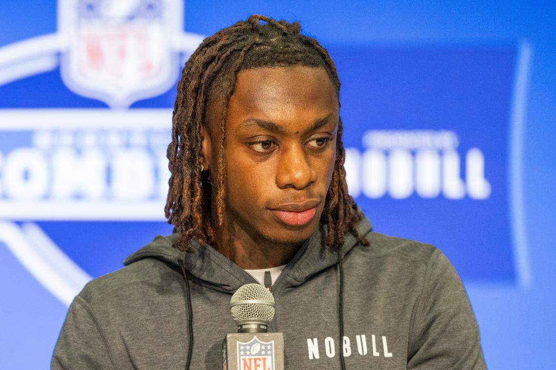 Texas wide receiver Xavier Worthy (WO40) talks to the media during the 2024 NFL Combine at Lucas Oil Stadium on March 1, 2024 in Indianapolis, Indiana.