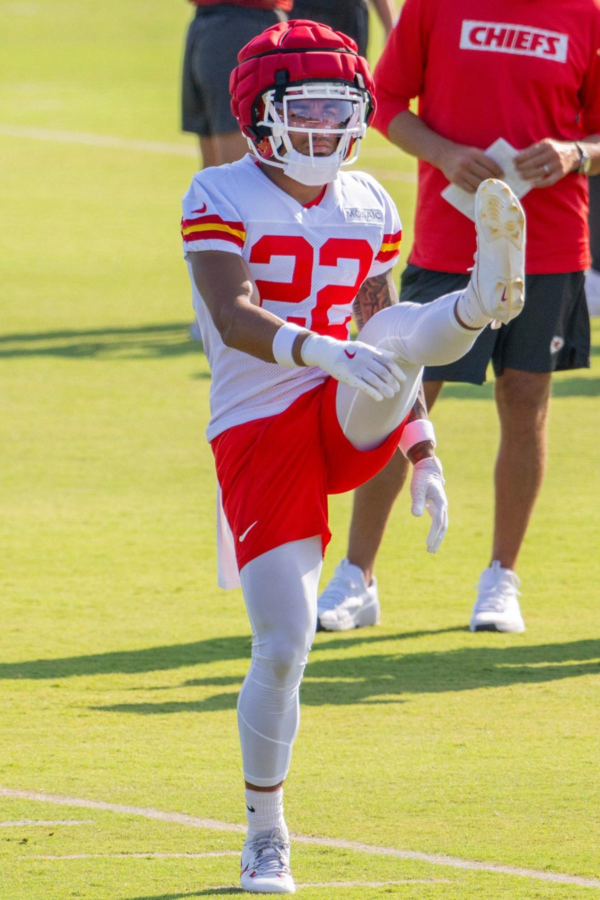 Kansas City Chiefs cornerback Trent McDuffie (22) warms up during practice at Chiefs training camp on Monday, July 29, 2024, in St. Joseph.
