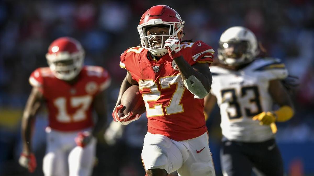 Chiefs running back Kareem Hunt ran for a 69-yard touchdown in the fourth quarter of a 24-10 win over the Chargers on Sunday. Hunt, who has 47 carries for 401 yards, is on pace for 299 touches this season.