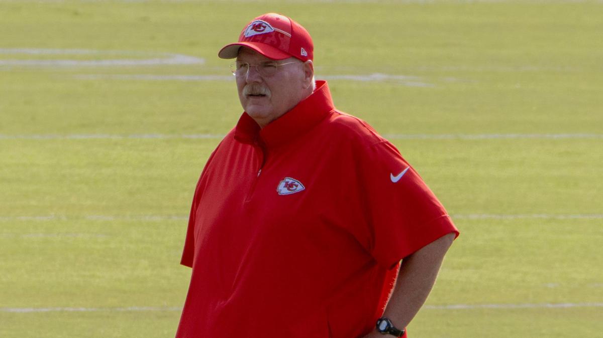 Kansas City Chiefs Andy Reid observes players during practice at Chiefs training camp on Saturday, July 29, 2023, in St. Joseph, Mo.